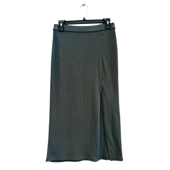 ABERCROMBIE AND FITCH Olive Midi Ribbed Skirt Long Side Slit Pencil Sleek Wmn S - Picture 2 of 14